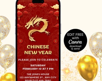 Chinese New Year editable invitation, 2024 Chinese Lunar NY Evite, Year of the Dragon party, Chinese Celebration Digital Red Gold Card