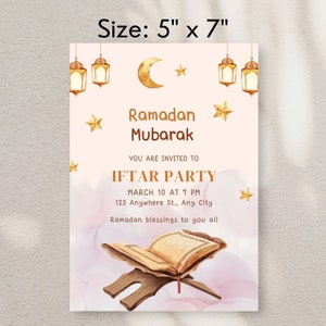 Iftar Dinner Party Invitation, Ramadan Kareem, Iftar Invite Card, Ramadhan Eid Mubarak, Canva Template, Iftar Watercolor Invite