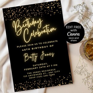 Minimalistisch Lassen Sie uns Feiern Einladung Vorlage Bearbeitbar Überraschung Geburtstagsfeier einladen Druckbar Baby Shower Party Jedes Alter Gold
