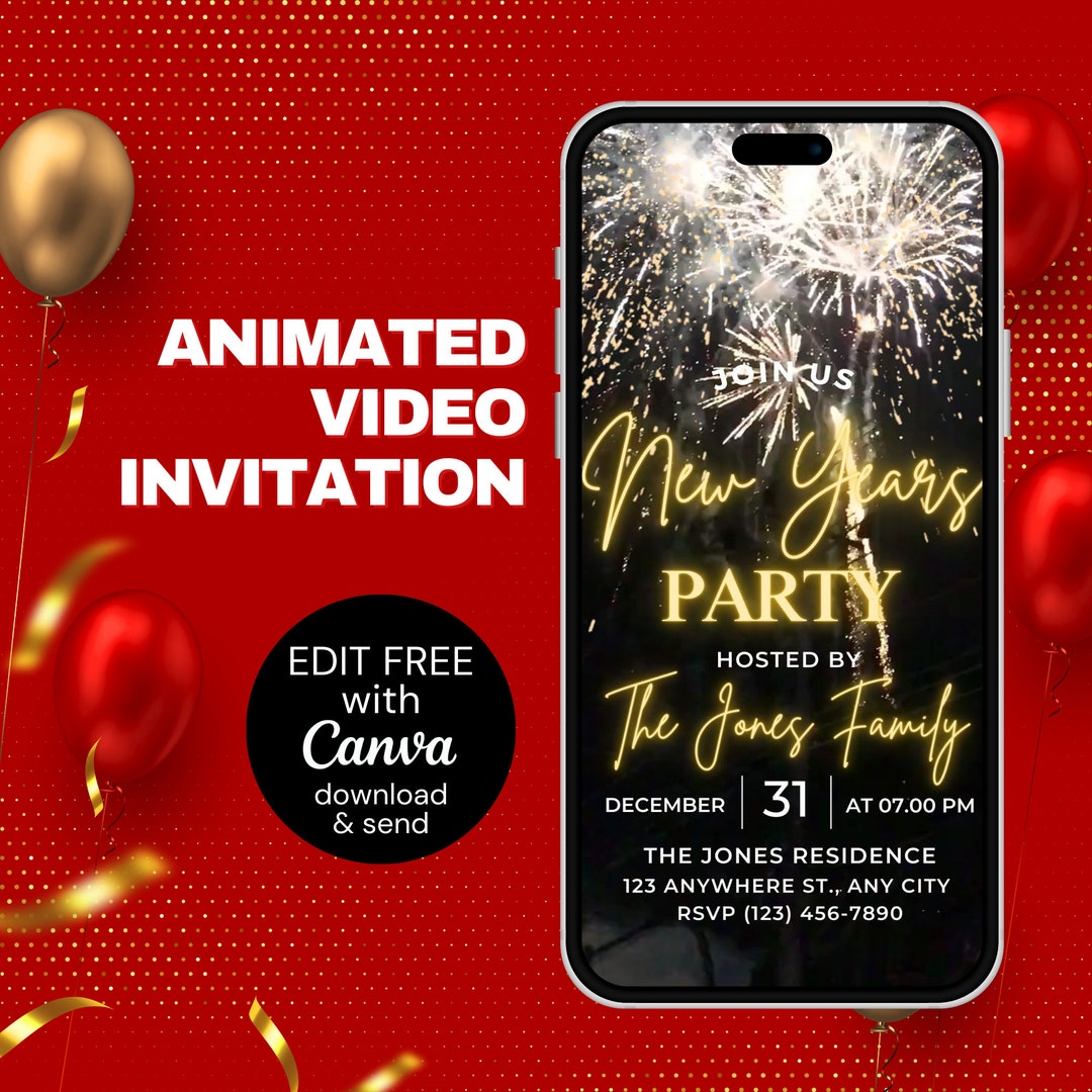 New Years Eve Party Invitation, Animated Digital NYE Party Invite, New