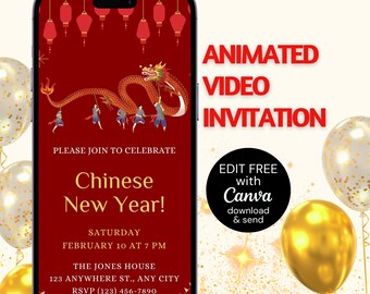 Chinese New Year Invitation Template, 2024 Dragon New Year, Lunar New Year 2024, Chinese Celebration, Instant Download Canva
