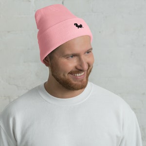May include: A pink beanie with a black embroidered squirrel on the front.