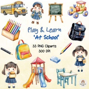 Watercolor school clipart, back to school, school kid, school bus clipart, Watercolor Clipart Bundle, Commercial use