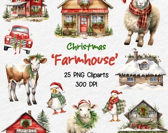 Watercolor Christmas Farmhouse, Christmas Farmhouse clipart, Farmhouse Clipart, Christmas Clipart, Watercolor Clipart Bundle, Commercial use