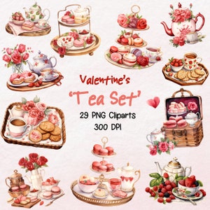 May include: A set of 29 Valentine's Day themed tea party clipart images. The images feature teacups, teapots, tiered cake stands, macarons, cookies, strawberries, and roses. The images are in a watercolour style and are perfect for creating invitations, cards, and other crafts.