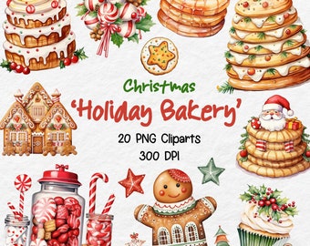May include: A set of 20 Christmas-themed digital clipart images, including gingerbread houses, candy canes, gingerbread men, cupcakes, and more. The images are in PNG format and are 300 DPI.