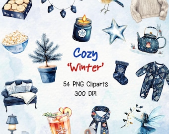 May include: A set of 54 watercolor illustrations featuring cozy winter themes. The illustrations include a bluebird, a blue teapot, a blue Christmas tree, a blue armchair, a blue scarf, a blue fairy, a blue candle, a blue mug, a blue stocking, a blue onesie, a blue star, a blue bowl of popcorn, a blue box of cookies, a blue string of lights, and a blue sweater. The illustrations are perfect for creating winter-themed crafts, cards, and decorations.