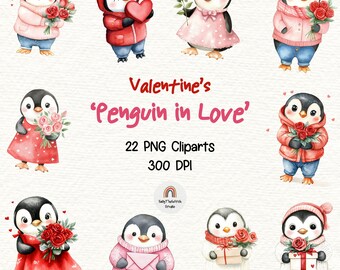 Aquarel Valentijn pinguïn clipart, Valentijnsdag pinguïn, pinguïn, Valentine dierlijke clipart, aquarel clipart bundel, commercieel gebruik