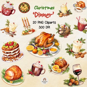 Clipart de jantar de Natal em aquarela, jantar de Natal, comida de Natal, clipart de comida de Natal, pacote de clipart em aquarela, uso comercial