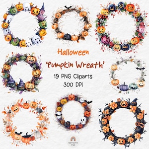 Watercolor Halloween Pumpkin Wreath, Halloween Wreath, Spooky Halloween, Spooky Wreath PNG, Watercolor Clipart Bundle, Commercial use
