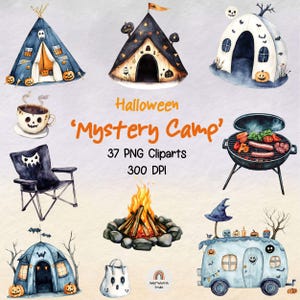 May include: A set of 37 Halloween-themed digital clipart images featuring a spooky campsite with a campfire, a tent, a grill, a camper van, and a ghost-shaped bag. The images are perfect for creating Halloween-themed crafts, invitations, and decorations.