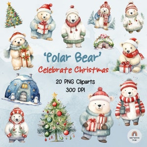Watercolor Christmas Polar Bear clipart, Christmas Polar Bear, Polar Bear, Polar Bear in Winter, Watercolor Clipart Bundle, Commercial use
