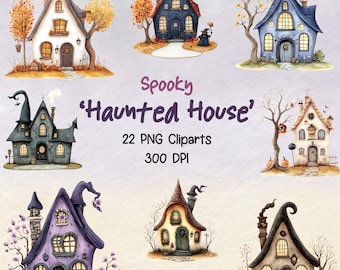 Op de afbeelding: Watercolor clip art set met zes grillige spookhuizen in verschillende kleuren, waaronder wit, blauw en paars. De afbeelding bevat de tekst "Spooky 'Haunted House' 22 PNG Cliparts 300 DPI".