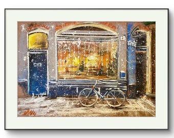 Original Painting Pastel / Original Artwork / Cityscape / Christmas / Winter / Window / Showcase