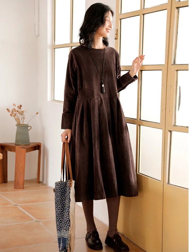 Retro Corduroy Plaid Belted Dress