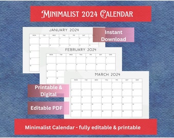 2024 Minimalist Calendar | Digital download | Editable Calendar | Printable Calendar |Instant download |