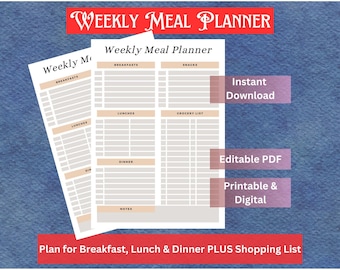 May include: A printable weekly meal planner with sections for breakfast, lunch, dinner, snacks, and a grocery list. The planner is available for instant download and is editable in PDF format.