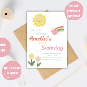 Invitación digital para el primer cumpleaños de un bebé con diseño colorido de sol y arcoíris / celebración de una fiesta de niña / feliz primer año / creación de plantilla editable