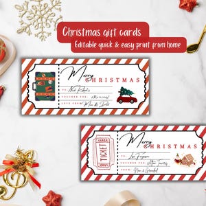 Pode incluir: Dois cartões-presente de Natal com bordas listradas em vermelho e branco. Os cartões apresentam o texto "Merry Christmas" e "Christmas gift cards". Um cartão tem um gráfico de mala, o outro um gráfico de bilhete.