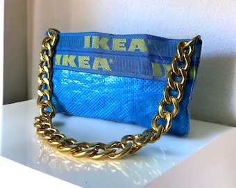 Bolso de hombro IKEA reciclado con correa de cadena gruesa de oro o plata, bolsa de polvo y caja de regalo, bolso de hombro y2k de los años 90, bolso pequeño, bolso azul, regalo