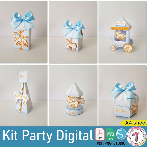 Carrousel bleu -cod04- Kit Party, Boîtes à dragées personnalisées, Décoration d'anniversaire, Baby Shower, Articles de fête, Tags numériques, Gâteau imprimable