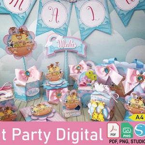 Noah's Ark pink girl -5947- Party Favors Boxes Personalized, Birthday Decoration, Baby Shower, Party Supplies, Tags Digital, Cake Printable