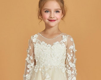 Applique Flower Girl Birthday Baptism Christening Wedding Communion Princess Party Floor Length Formal 3/4 sleeves Flower Girl Dress