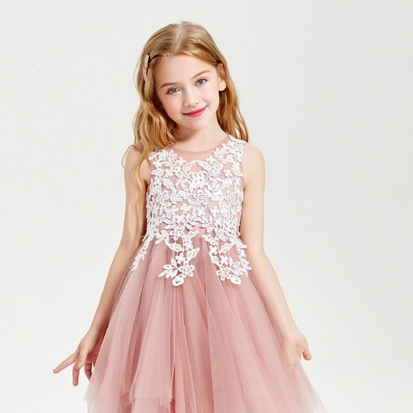 Robe courte de fille de tulle, robe de fille de fleur d’enfant en bas âge, baptême baptême mariage communion princesse fête robe formelle de fille de fleur