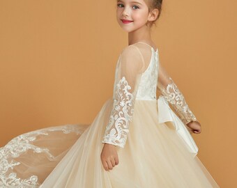 Applique Flower Girl Birthday Baptism Christening Wedding Communion Dress Princess Party Floor Length Formal Long sleeves Flower Girl Dress