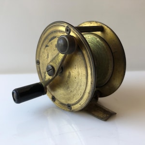 brass indian reproduction fishing reel Antique Mounted Reel, English Brass, Decorative, Travertine...  London Fine Antiques Marked 60 Vintage Brass Fly Fishing Reel