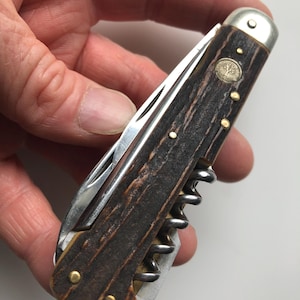 May include: A folding pocket knife with a textured brown stag horn handle, brass pins, and a silver-colored metal bolster. The handle features a circular inlay with a tree emblem. The knife includes a steel blade and a metal corkscrew tool.