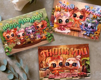 PREORDER! Limited Postcard-Set of 3 Cute 3D Animal | 3D Illustrated (10cm x 15cm) Birthday, Say Hi, Greetings, Thank you