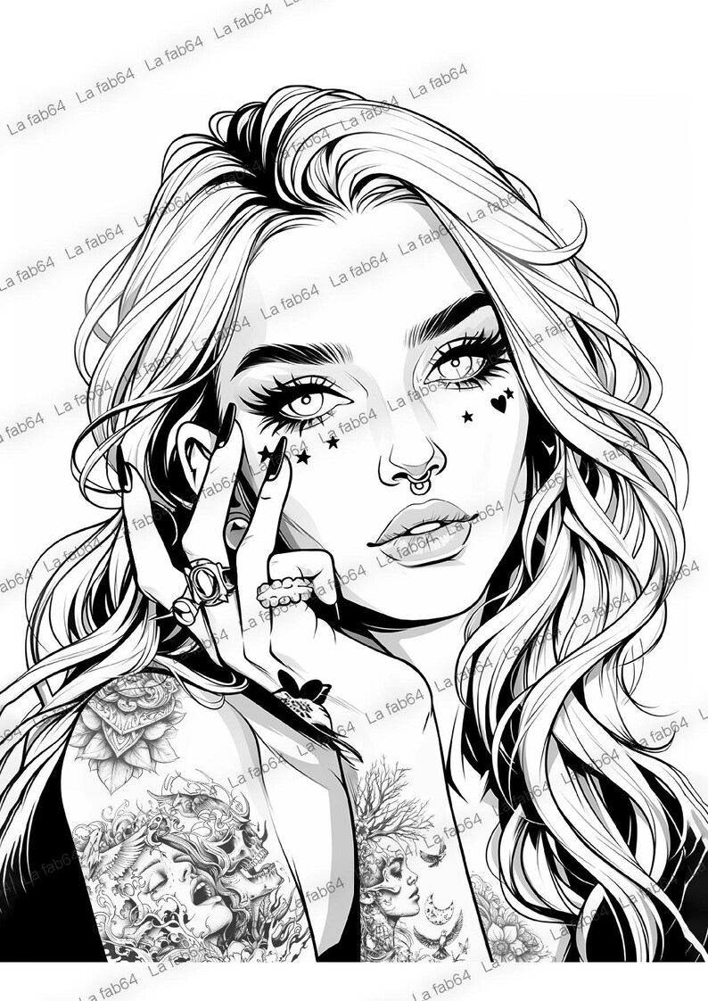 Portrait of Tattooed Girls 50 Coloring Pages, for Tattoo Lovers ...