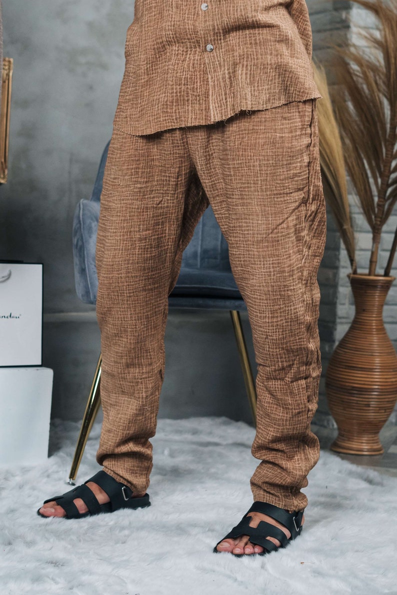 Handmade Men's Linen Pants, Man's Organic Wide Leg Long Pant, Natural Flax Trousers, Linen Summer Outfit, Cotton Straight Lounge Pants