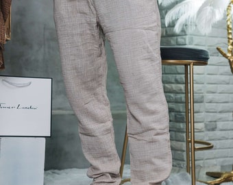 Pantaloni di lino da uomo fatti a mano, pantaloni lunghi organici a gamba larga da uomo, pantaloni di lino naturale, abito estivo di lino, pantaloni lounge dritti in cotone