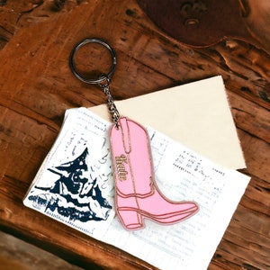Personalized Customized acrylic keychain of cowgirl boots design and your name or text.