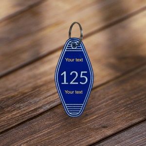 Personalized Customized Vintage acrylic motel hotel keychain design with your name or text.