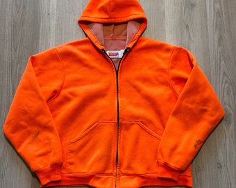 Vintage 80's Winchester Orange Fleece Lined Zip Up Hunting Hoodie Sweatshirt L