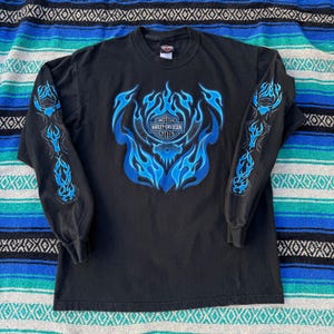 Harley-Davidson 長袖カットソー 2004年製 Vintage 2004 Harley Davidson Motorcycles Blue Flames Long Sleeve