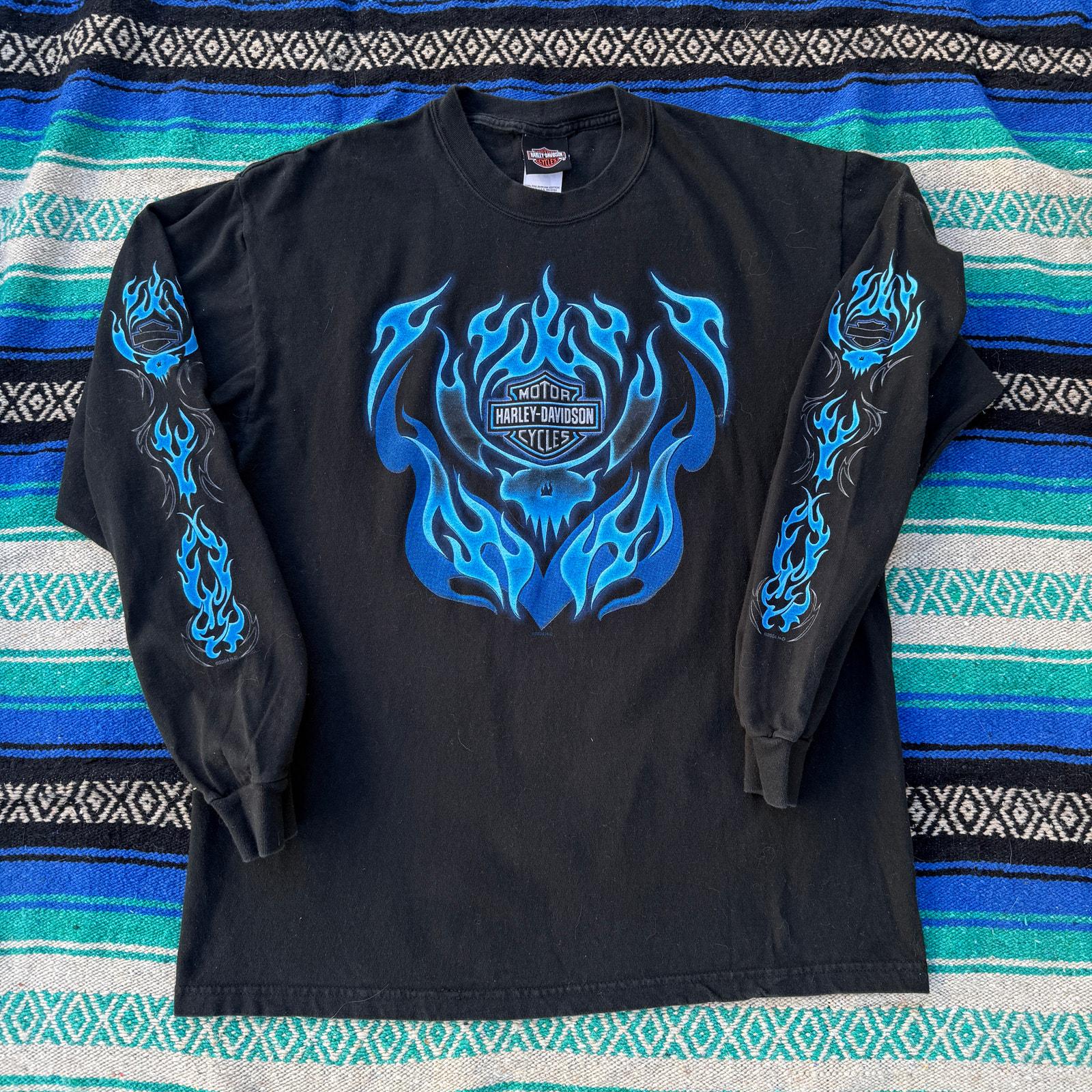 Harley-Davidson ハーレー　ブルーフレイム　ロングT 2004 Vintage 2004 Harley Davidson Motorcycles Blue Flames Long Sleeve