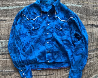 Women's Vintage 90's Western Deep Blue Cropped Long Sleeve White Snap Shirt L