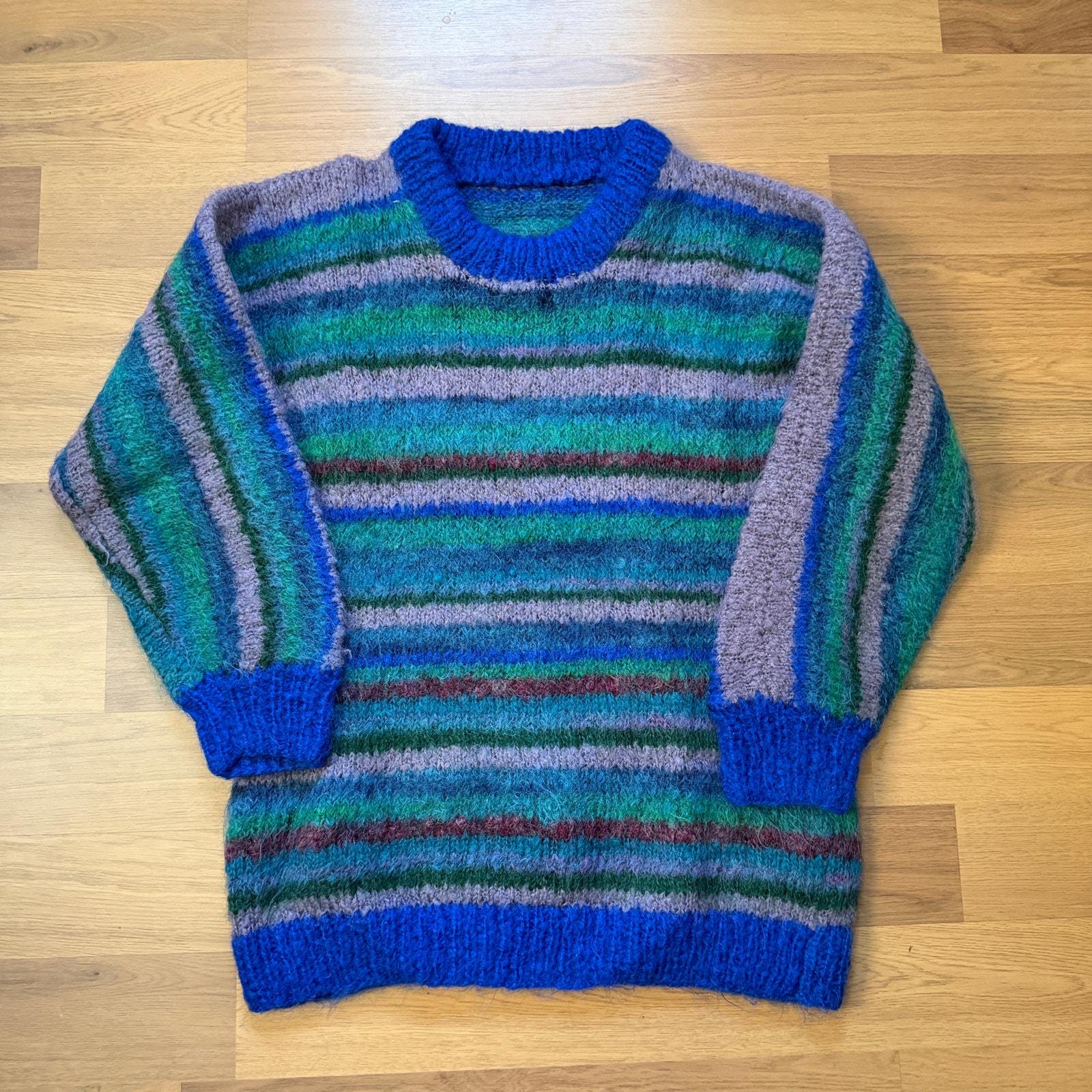 Vintage 90's Blue Green Striped Mohair Blend Crewneck Pullover Sweater Sz Large