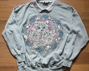 Suéter vintage de los 80 para mujer, con cuello de gatito blanco, estilo abuela, talla M.