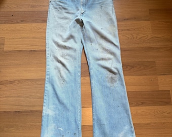 Jeans da uomo vintage anni '70, azzurri, a zampa d'elefante, effetto consumato, taglia 32 x 31