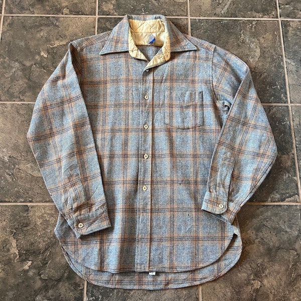 Vintage 80's Pendleton Mills Gray Beige Plaid Wool Field Button Up Shirt Sz M