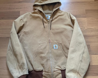 Men's Vintage 90's Carhartt Brown Duck Canvas Hooded Active Work Jacket Sz Large