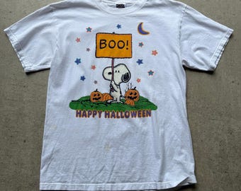 Vintage 90&#39;s Charlie Brown Snoopy Boo! Happy Halloween White Tee Shirt Sz Large