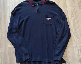 Vintage sportpolo heren Ralph Lauren marineblauwe gebreide trui met kraag L