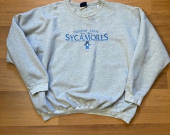 Sudadera vintage de los 90 de los Indiana State Sycamores, color gris, cuello redondo, talla 2XL.