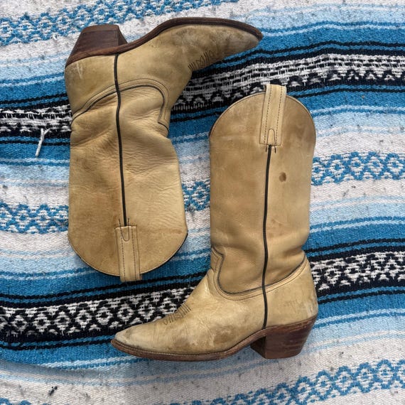 Men's Vintage 1970's Frye Cream Tan Leather Western #2304 Cowboy Boots Sz 10D